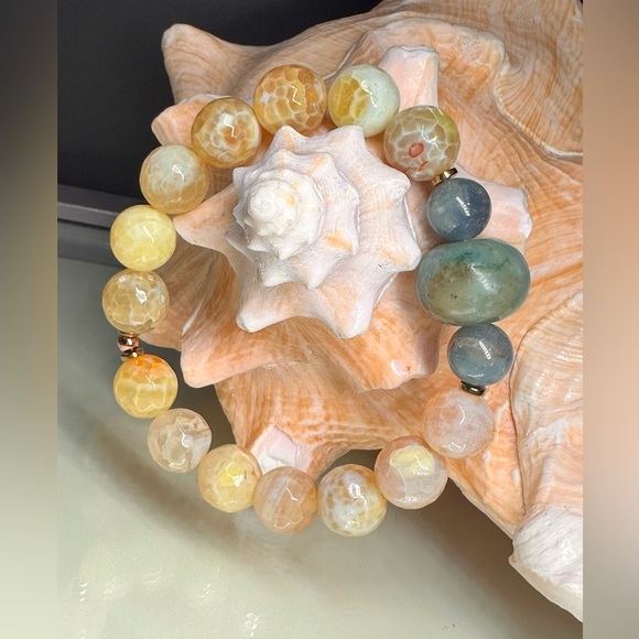 YELLO FIRE AGATE + AMAZONITE + LEMURIAN NATURAL STONES BRACELET size 7” - Picture 3 of 12